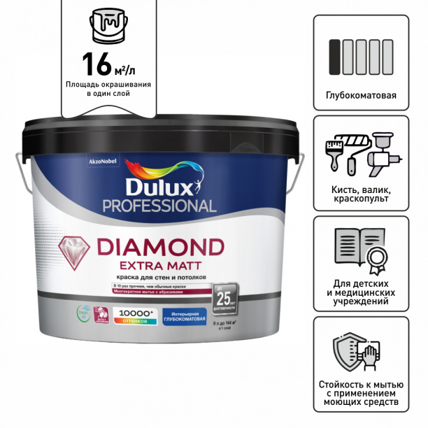 Краска для стен и потолков Dulux Diamond Extra Matt белая (база BW) 9 л от магазина ЛесКонПром.ру