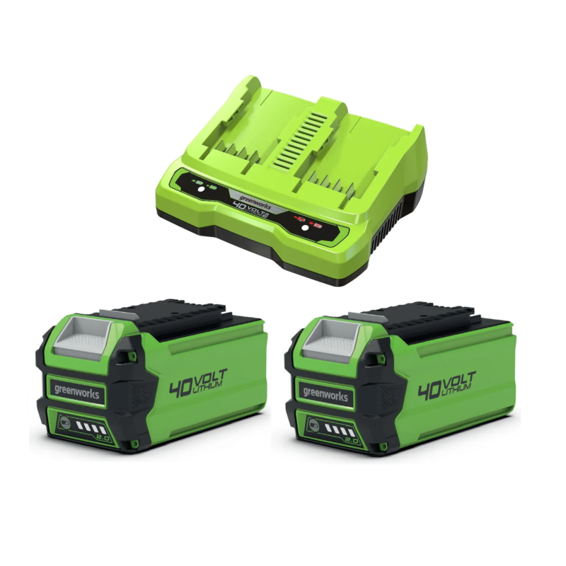 2 Аккумулятора Greenworks G40B2 40V (2 А/ч) + Зарядное устройство на 2 слота Greenworks G40UC2 40V (2 A) от магазина ЛесКонПром.ру