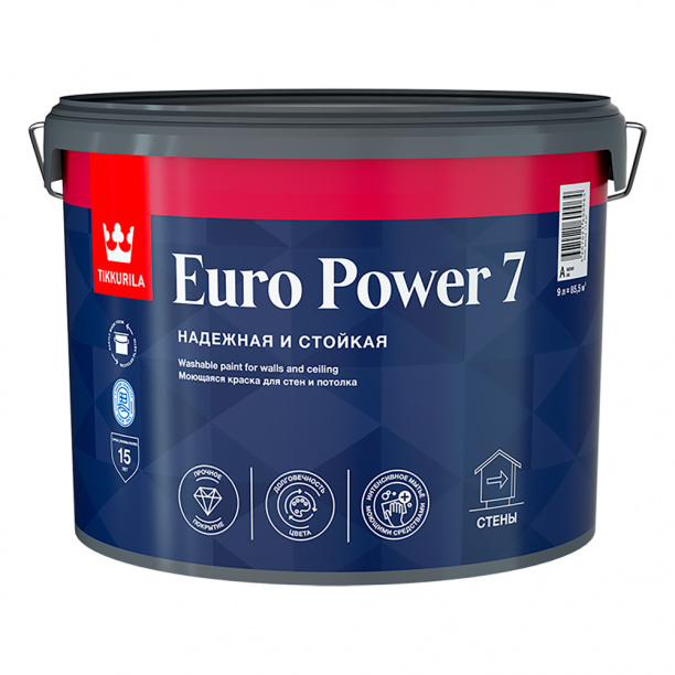 Краска для стен и потолка TIKKURILA Euro Power 7 белая (база A) 9 л от магазина ЛесКонПром.ру