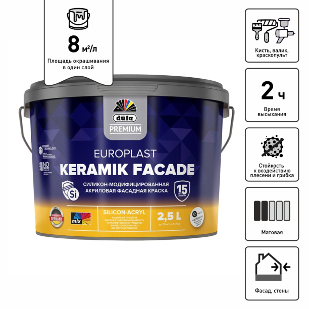 Краска фасад dufa PREMIUM Europlast Keramik Facade 2,5 л белая (база 1) от магазина ЛесКонПром.ру