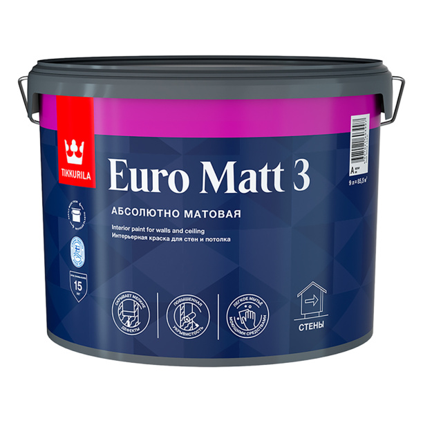 Краска моющаяся латексная матовая TIKKURILA Euro Matt 3 белая 9 л от магазина ЛесКонПром.ру