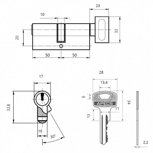 Цилиндр для замка APECS SC-100 50х50 мм ключ-завертка никель от магазина ЛесКонПром.ру