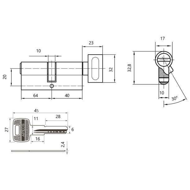 Цилиндр для замка APECS SM-85-C 45х40 мм ключ-завертка никель от магазина ЛесКонПром.ру
