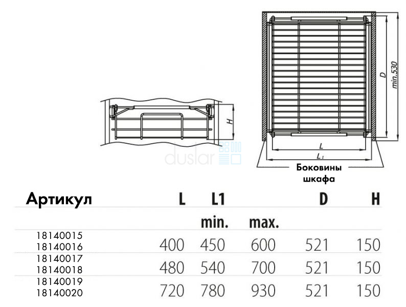 Выдвижная телескопическая корзина TONKS для одежды 450-600 мм, высота 150 мм, цвет - серый Nomet от магазина ЛесКонПром.ру