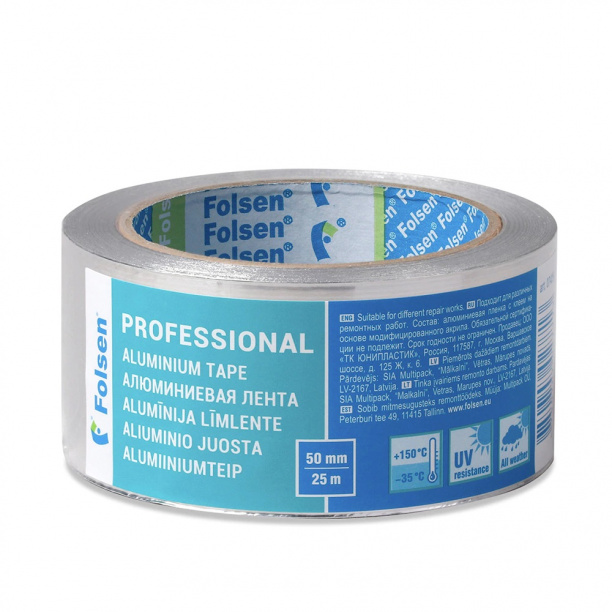 Клейкая лента алюминиевая Folsen Professional 50 мм x 25 м до 150°C 75 мкм от магазина ЛесКонПром.ру