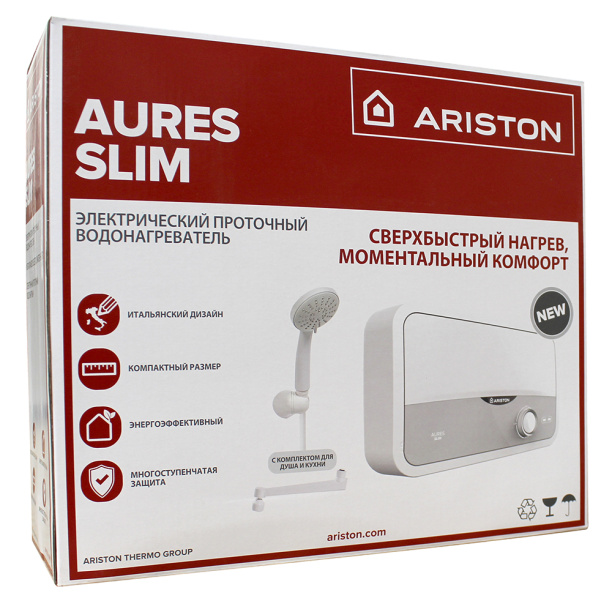 Проточный водонагреватель ARISTON AURES S 3.5 COM PL 3,5 кВт душ+кран от магазина ЛесКонПром.ру