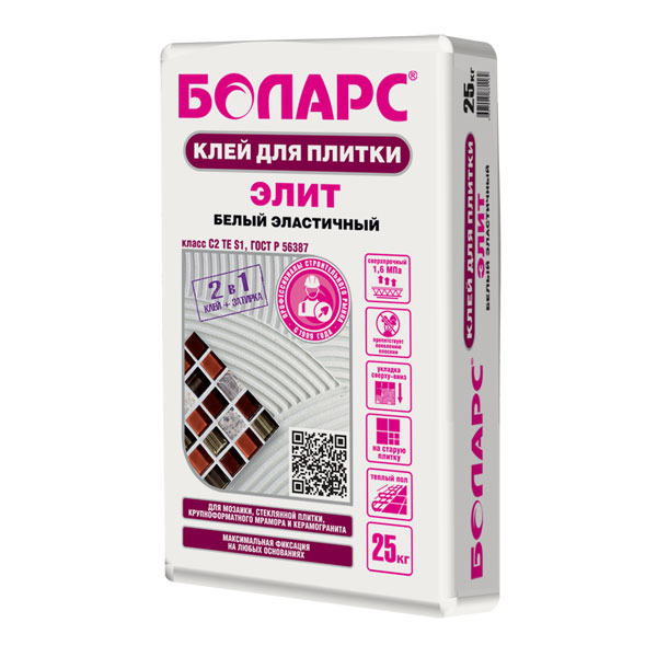 Клей для плитки БОЛАРС ЭЛИТ белый высокопрочный, 25 кг от магазина ЛесКонПром.ру